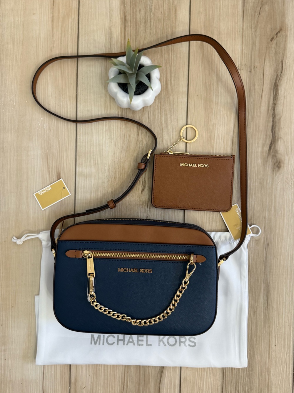 3pcs MICHAEL KORS Chain Crossbody Bag, Zip Coinpouch & Dust Bag NWT - Navy